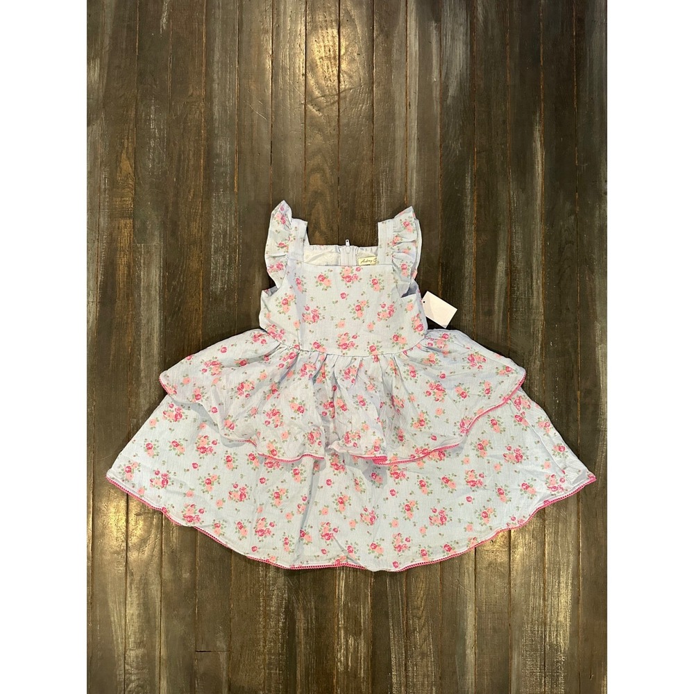 Audrey‎ Camille Girls Blue Floral Seersucker Ruffle Tiered Dress Pink Trim NWT